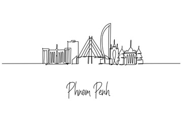 Phnom Penh city skyline in a single line drawing shows Royal Palace, Independence Monument, Vattanac Tower and Koh Pich bridge, a skyline concept themed around Cambodia travel and riverside culture. © rina