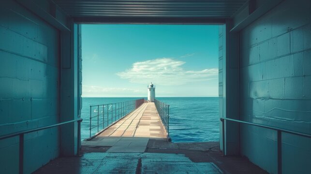 arafed view of a lighthouse on a pier with a blue sky