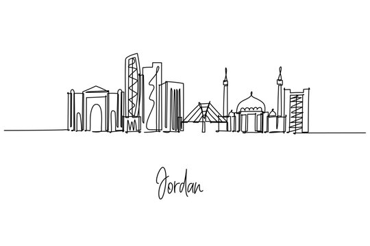 Jordan country skyline in a continuous line drawing shows Amman landmarks, Abdali towers, Wadi Abdoun bridge and mosques, a city skyline concept themed around Middle East travel, heritage and design.