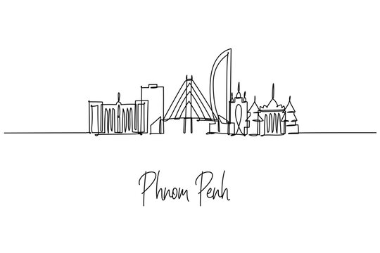 Phnom Penh city skyline in a single line drawing shows Royal Palace, Independence Monument, Vattanac Tower and Koh Pich bridge, a skyline concept themed around Cambodia travel and riverside culture.