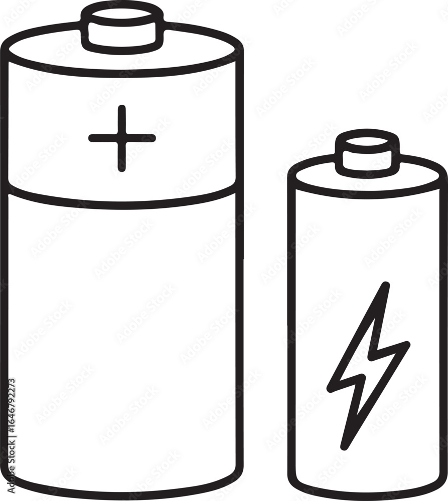 Aufkleber simple line drawing of two batteries one large and one small showing power symbol and plus sign