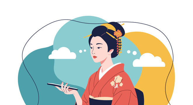 Elegant japanese woman in traditional kimono with modern tech gadget