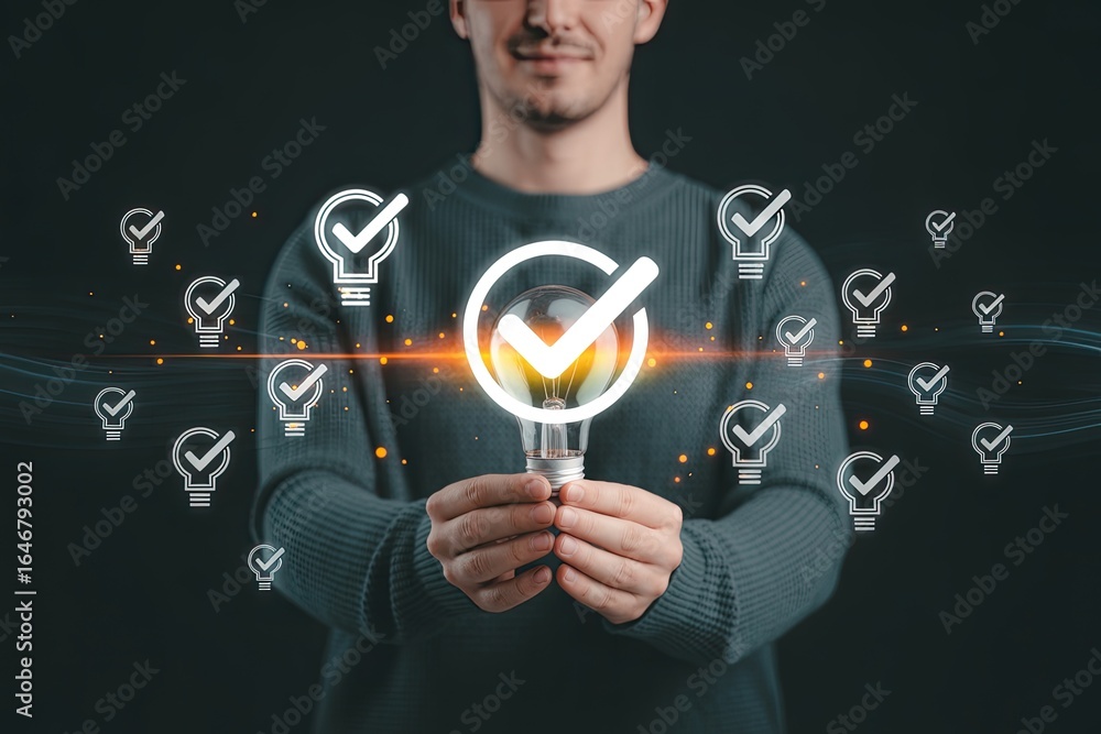Poster man holding a glowing lightbulb with a checkmark inside symbolizing a brilliant idea or successful c