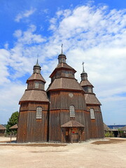 Panorama of the ancient wooden church of the Intercession of the Holy Virgin on the square of the...