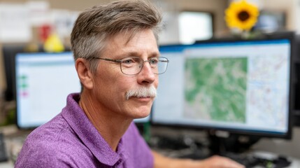 Mature man with mustache and glasses working on computer screens displaying maps