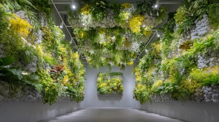 Fototapeta premium Lush green vertical plant walls and hanging botanical displays in a contemporary indoor space