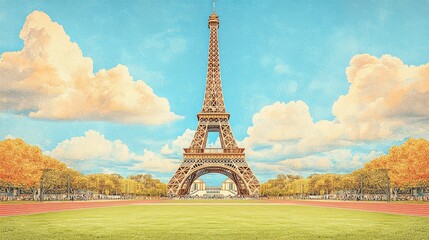 Eiffel Tower Paris illustration vintage architecture. Eiffel landmark monument in France. Paris cityscape monument and famous travel destination, elegant architecture, tourism, retro postcard art,