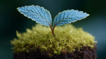 A young seedling with textured blue green leaves emerges from mossy soil shallow depth of field