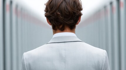 Man in light colored suit seen from behind standing in a corridor with blurred vertical elements