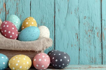 Obraz premium Easter eggs put on wooden in blue wood wall.