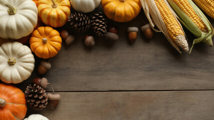 Autumn harvest bounty of pumpkins gourds corn and pinecones arranged on rustic wooden background