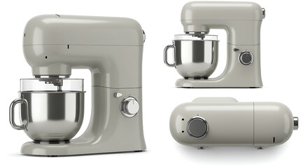Modern grey stand mixer with a stainless steel bowl for baking. A versatile kitchen appliance shown from multiple angles isolated on a white background.