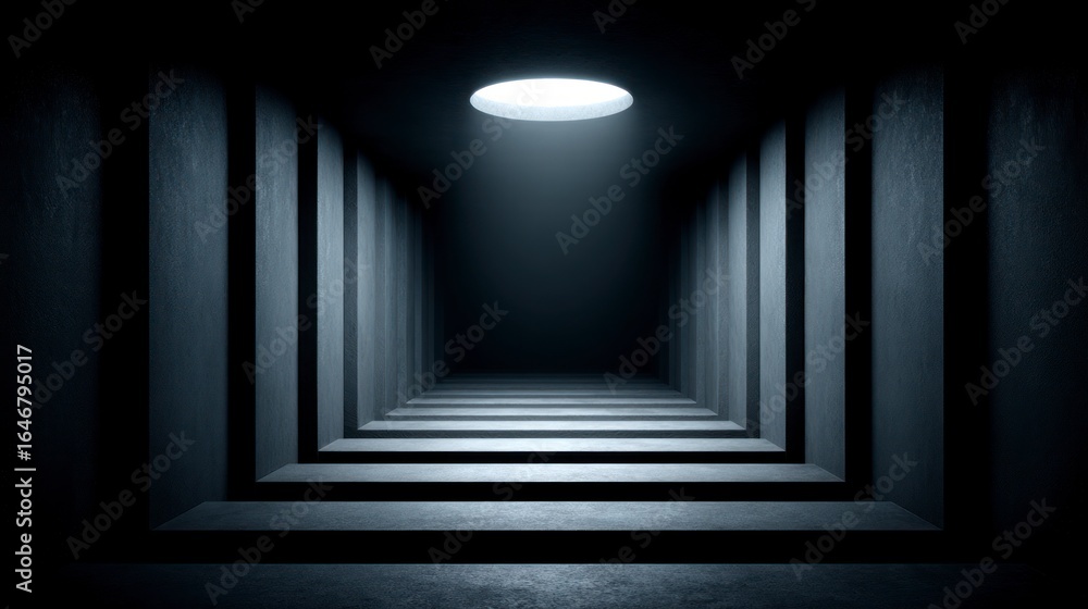 Aufkleber dark concrete corridor with illuminated ceiling opening and receding steps