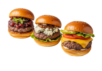 Three distinct gourmet beef sliders (bacon-jam, blue cheese, classic cheddar), juicy patties, toasted brioche buns on a white plate against transparent, soft studio light, dynamic view. Concept of