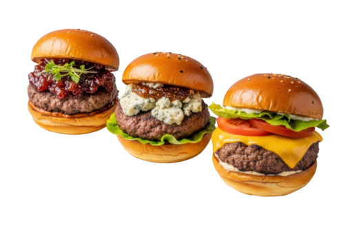 Three distinct gourmet beef sliders (bacon-jam, blue cheese, classic cheddar), juicy patties, toasted brioche buns on a white plate against transparent, soft studio light, dynamic view. Concept of