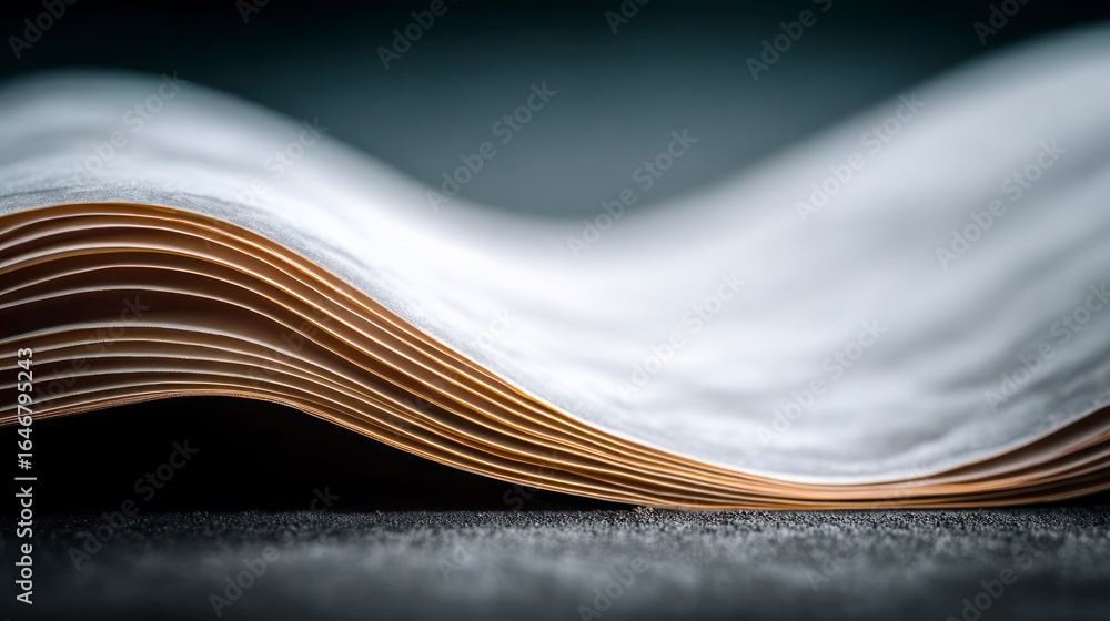 Poster opened book with pages curved showcasing paper texture and a dark abstract background