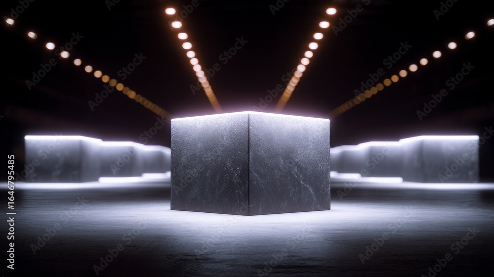 Poster a textured gray cube is centrally positioned on a dark reflective surface illuminated by a series of