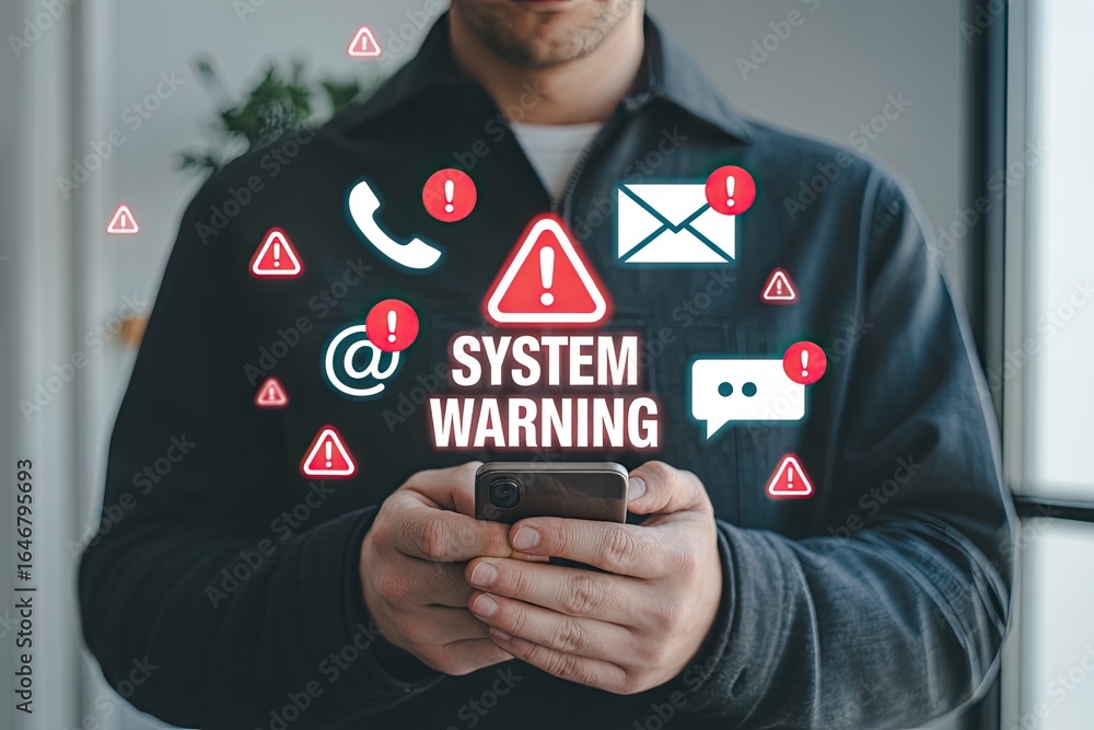 Poster man holding smartphone displaying system warning alerts and icons representing communication and pot