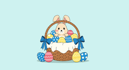 Obraz premium Adorable easter bunny peeking from a basket full of colorful decorated eggs