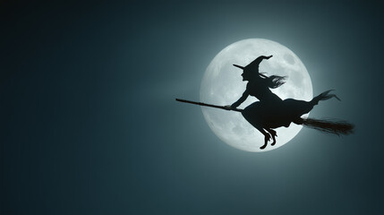 Witch Flying Across Full Moon Scene