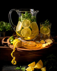Lemon Mint Detox Water with Honey and Ginger in Glass Pitcher – Traditional Herbal Drink...