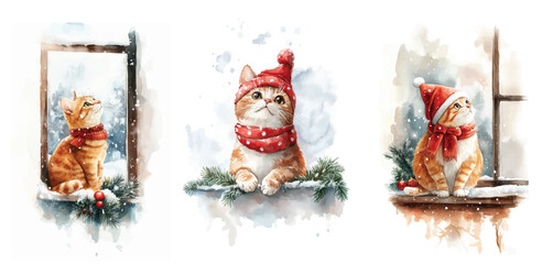 Watercolor Christmas cat in window winter illustration New Year card