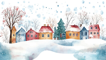 Watercolor Christmas houses landscape in snow, christmas house scene, pine tree, Countryside watercolor landscape illustration of winter