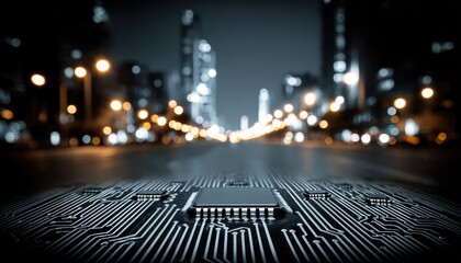 Cityscape blurred background, focused circuit board with chip