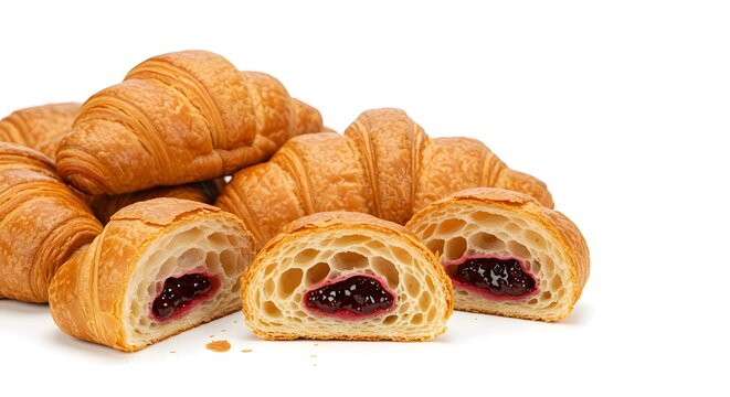 Whole and sliced croissants with berry jam filling on white