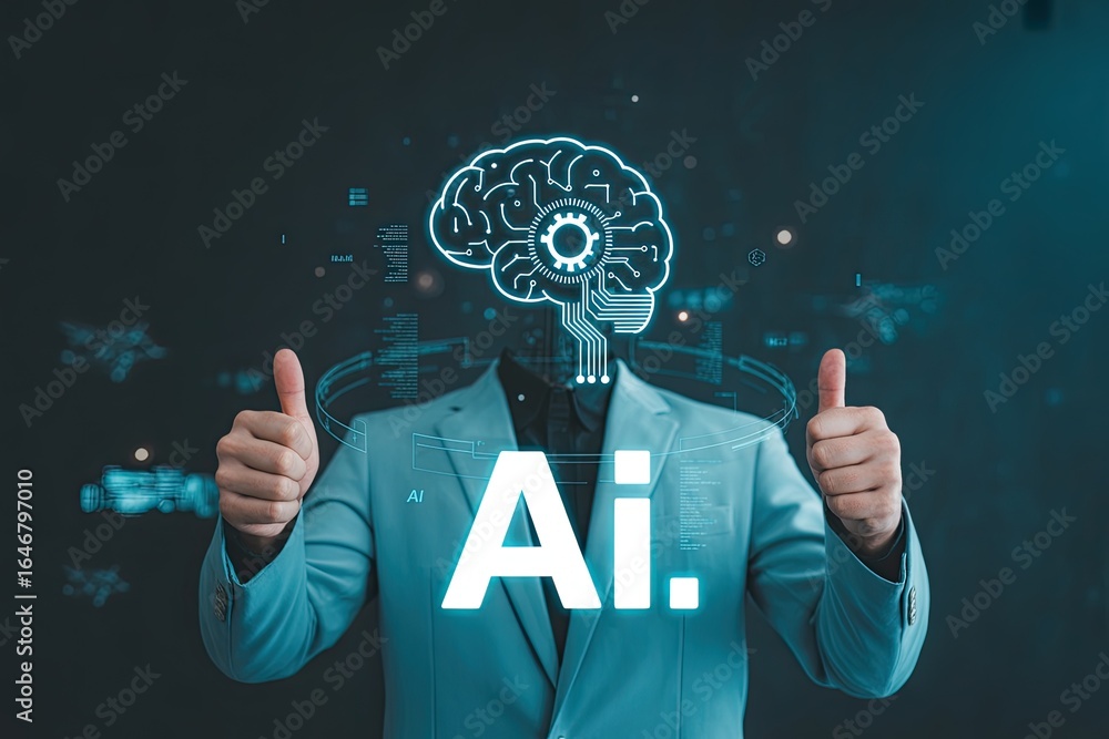 Poster man with glowing artificial intelligence brain graphic and thumbs up gesture representing technologi