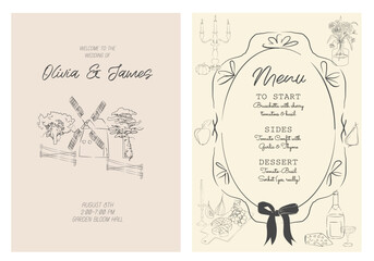 Elegant fall wedding and dinner menu templates in hand-drawn cottagecore style. Set includes cozy autumn elements like pumpkins, wine, cheese, windmill, floral arrangements and candles.