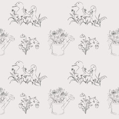 Seamless autumn cottagecore pattern with hand-drawn ducks, wildflowers in watering cans, and strawberries. Whimsical botanical design in vintage sketch style. Perfect for rustic wrapping paper
