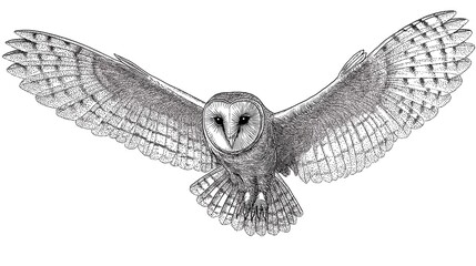 Striking Barn Owl in Mid-Flight A Detailed Black and White Illustration Capturing its Majestic Wingspan