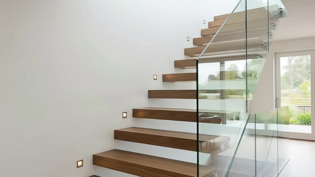 Stylish wooden stairs leading to a bright, modern upper level.