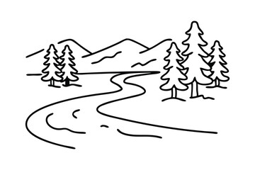 River beside the winding road. line art flat vector illustration