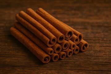 Cinnamon sticks in rustic background food photography natural wood environment close-up viewpoint