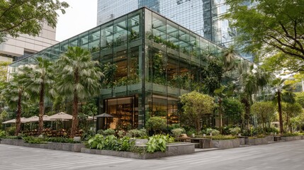 Modern glass building, lush greenery, outdoor seating