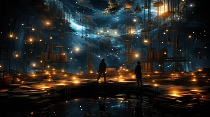 In a magical library, constellations light up the sky as floating books share forgotten secrets. A librarian-star drapes in silk, gossiping about galaxies and dimensions.