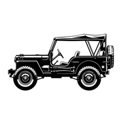 Naklejka premium Vintage rugged open-top utility vehicle illustration showcasing classic design and historical off-road adventure, perfect for evoking nostalgia.