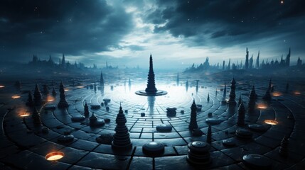 Metaphysical chessboard transcends time and space with light beings debating philosophy at a black hole