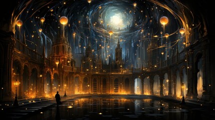 In a magical library, constellations light up the sky as floating books share forgotten secrets. A librarian-star drapes in silk, gossiping about galaxies and dimensions.