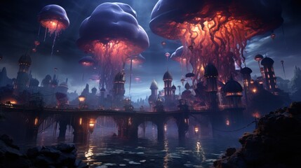 Cybernetic jellyfish city floats within a vibrant nebula showcasing quantum civilizations and luminous skyscrapers