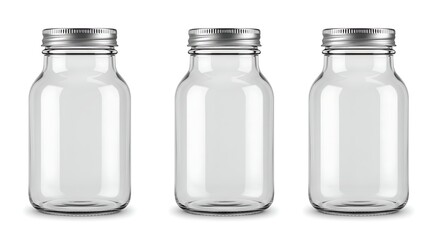 Collection of three empty clear glass jars with silver screw lids, isolated on a white background. Ideal for product packaging mockup and food storage.