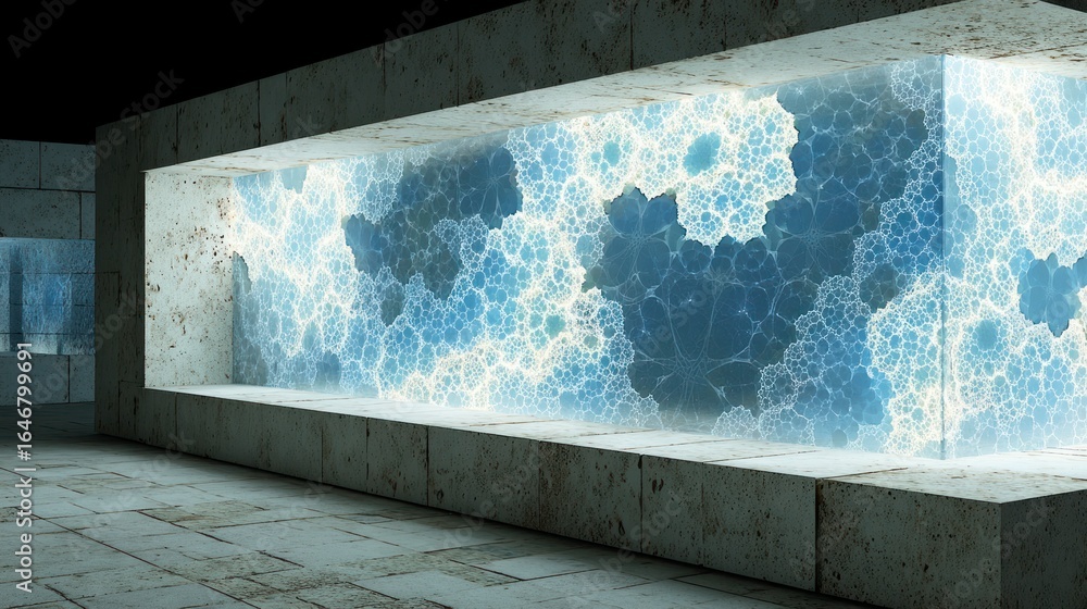 Poster abstract blue fractal patterns glow brightly behind a concrete window frame