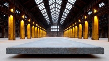 Naklejka premium Wide concrete platform inside a large industrial warehouse with rows of illuminated yellow pillars and a skylight roof