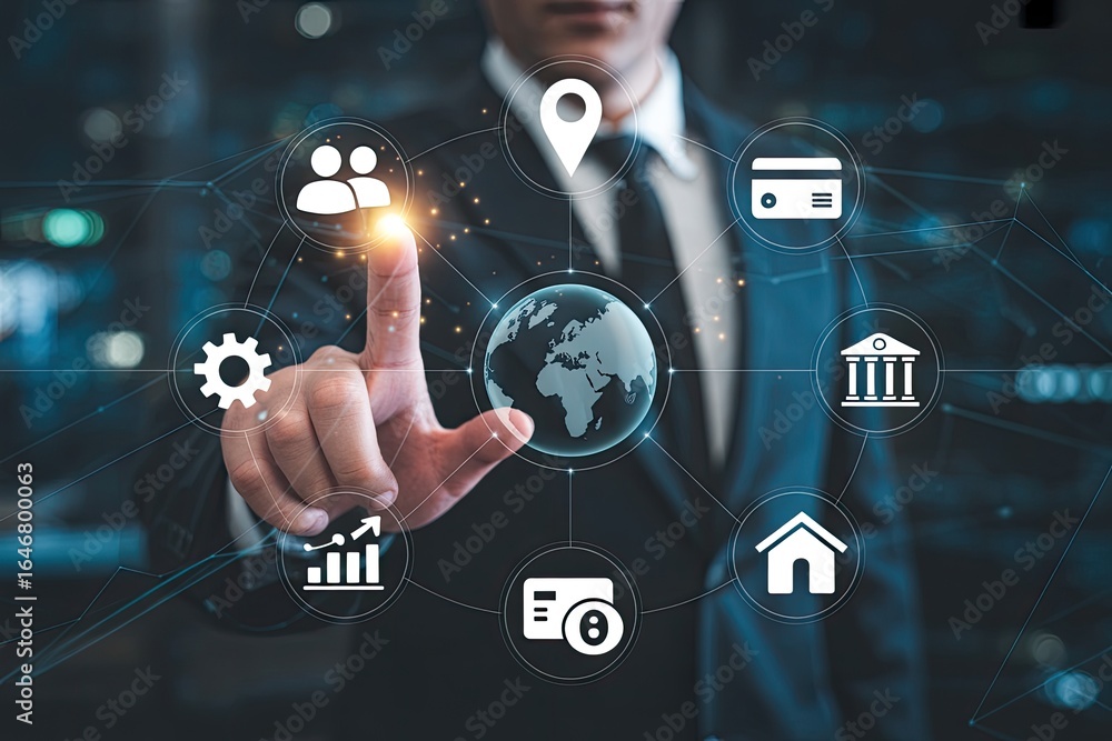 Poster business professional interacting with a digital interface displaying global network connections and