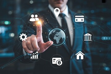 Business professional interacting with a digital interface displaying global network connections and financial technology icons representing digital transformation and innovation