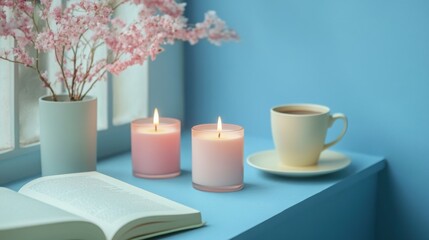 Soft pastel candles illuminate a cozy reading nook with an open book and steaming coffee cup nearby