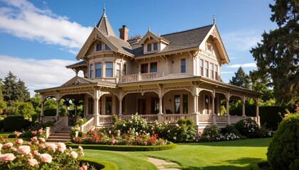 Obraz premium Victorian House Exterior with Lush Garden and Green Lawn.