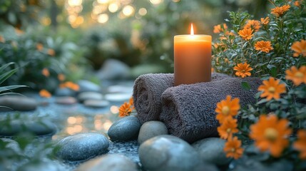 Relaxing aromatherapy candle with essential oils placed beside spa towel and stones for a tranquil experience